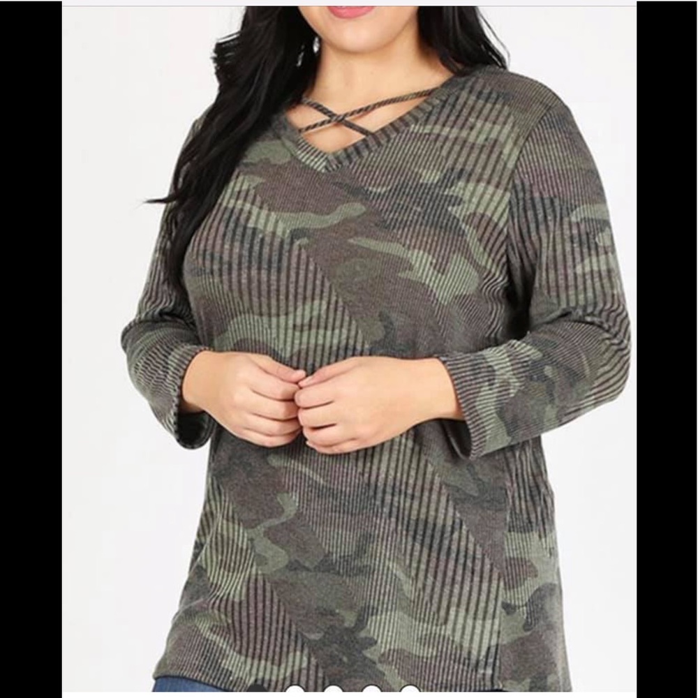 Camo Print Tunic Top Ribbed Knit Long Sleeves Plus